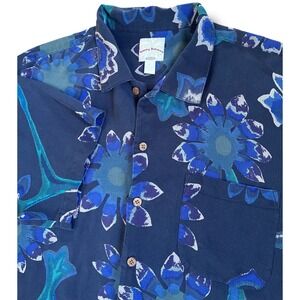 Tommy Bahama Relax Mens XL Blue Floral Silk Waffle Weave Short Sleeve Camp Shirt
